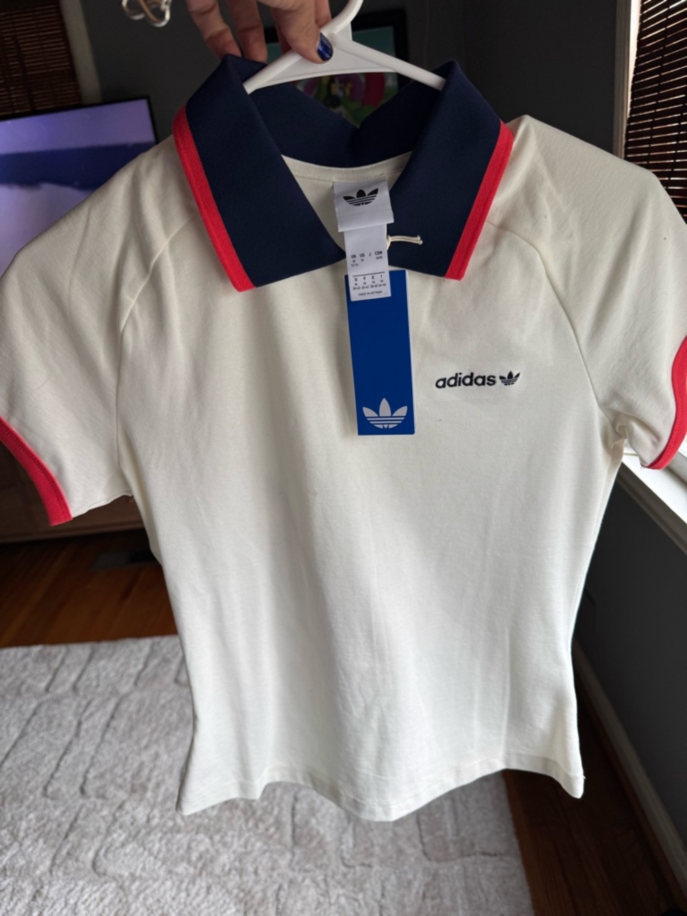 adidas White Polo with Navy Collar and Red Trim -